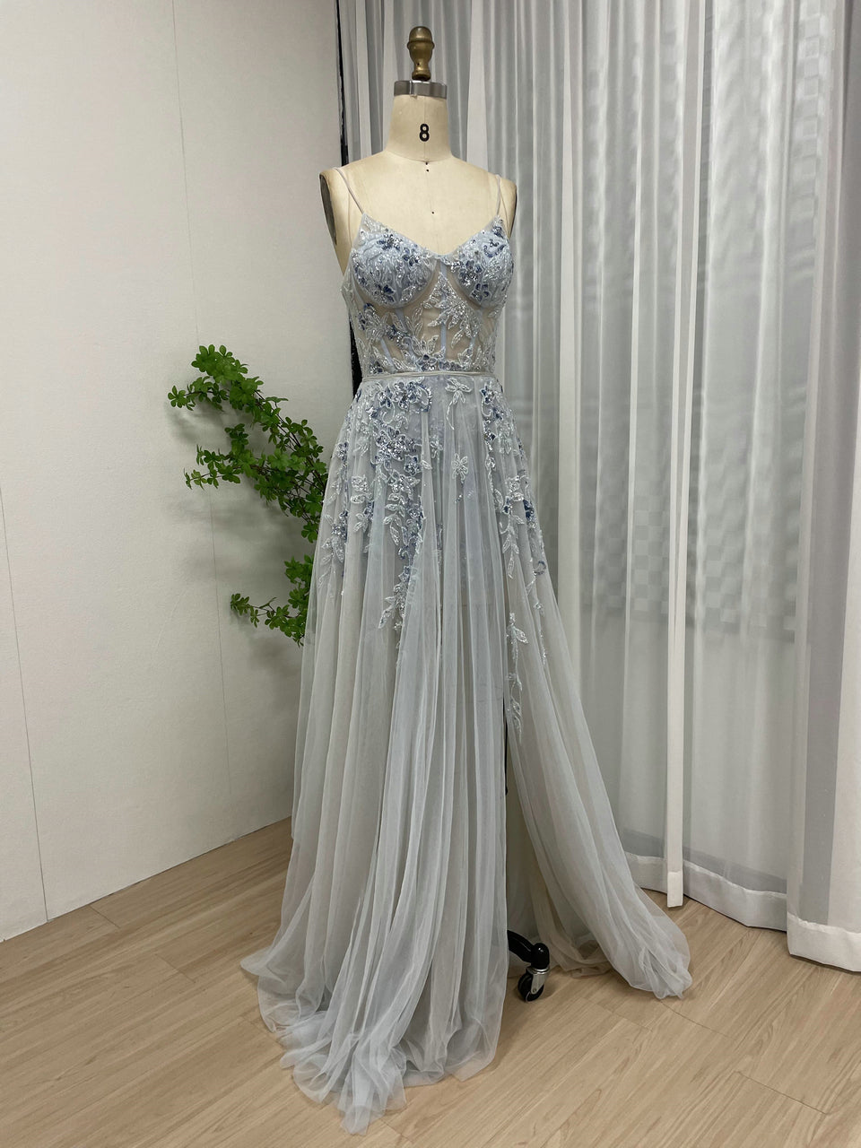 Light Blue Floral Embroidered Tulle Corset Prom Dress with High Slit MY30012