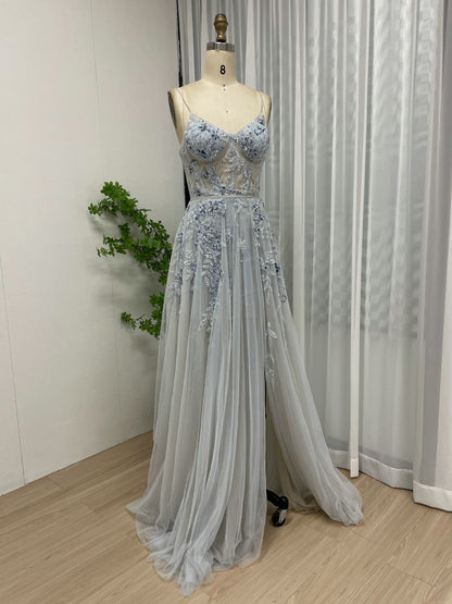 Light Blue Floral Embroidered Tulle Corset Prom Dress with High Slit MY30012