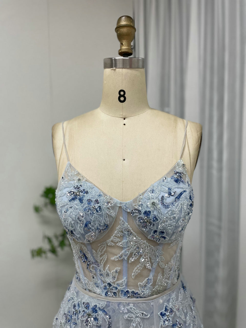 Light Blue Floral Embroidered Tulle Corset Prom Dress with High Slit MY30012