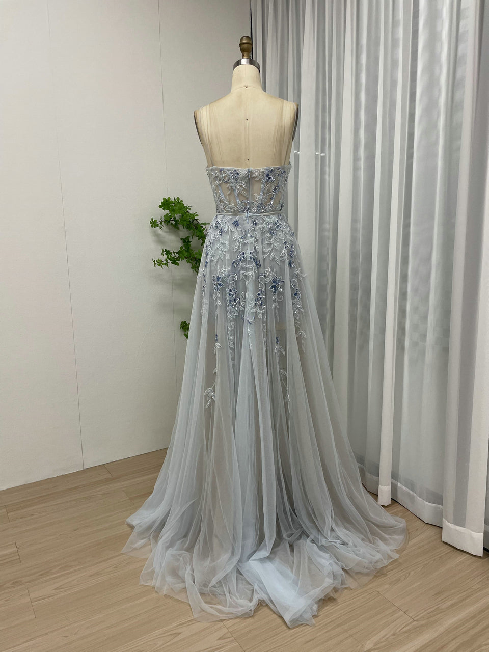 Light Blue Floral Embroidered Tulle Corset Prom Dress with High Slit MY30012