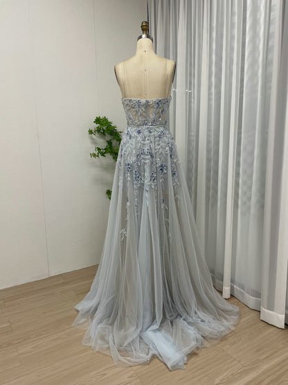 Light Blue Floral Embroidered Tulle Corset Prom Dress with High Slit MY30012