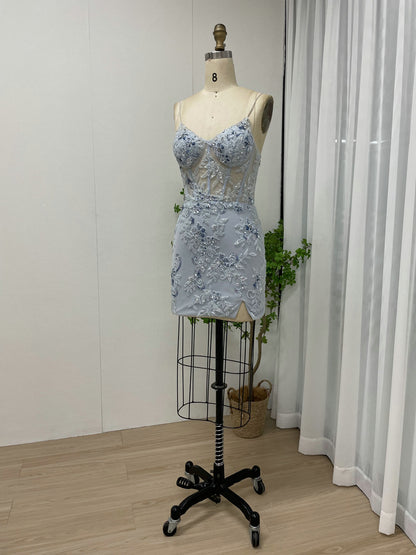 Light Blue Floral Embroidered Tulle Corset Prom Dress with High Slit MY30012