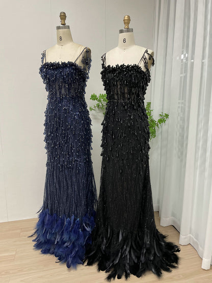 Midnight Onyx 3D Sequin & Feather Mermaid Gown - Beaded Couture Evening Dress MY30013-2