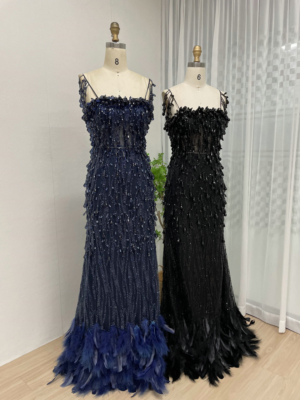 Midnight Onyx 3D Sequin & Feather Mermaid Gown - Beaded Couture Evening Dress MY30013-2