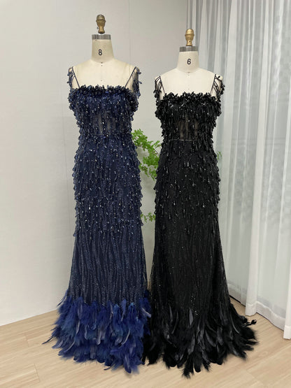 Midnight Onyx 3D Sequin & Feather Mermaid Gown - Beaded Couture Evening Dress MY30013-2