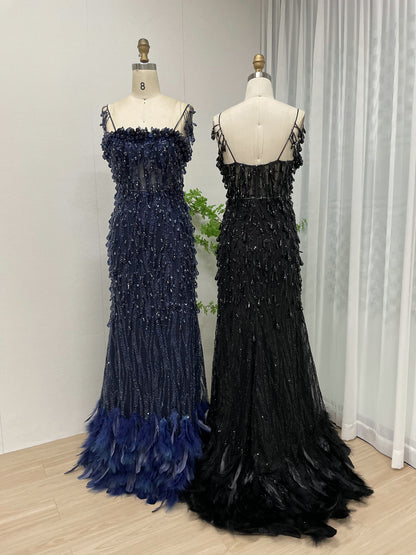 Midnight Onyx 3D Sequin & Feather Mermaid Gown - Beaded Couture Evening Dress MY30013-2