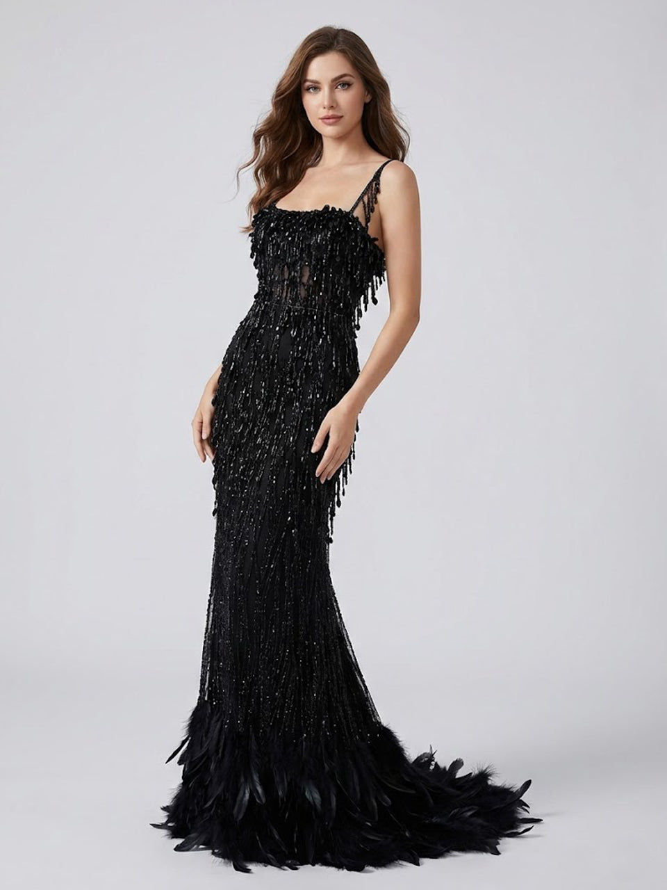 Midnight Onyx 3D Sequin & Feather Mermaid Gown - Beaded Couture Evening Dress MY30013-2