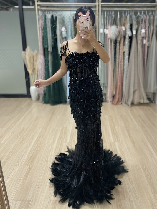 Luxury Feather Trim Prom Dress Navy Beaed Bodycon Spaghetti Straps MY30013-2