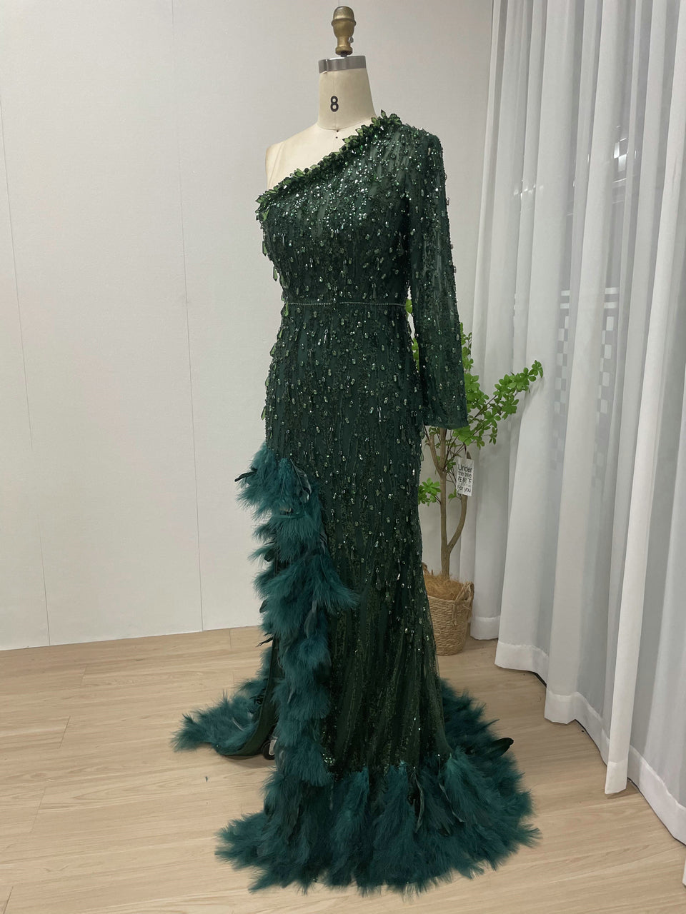 One Shoulder Couture Beading Feather Long Sleeve Evening Dress MY30014