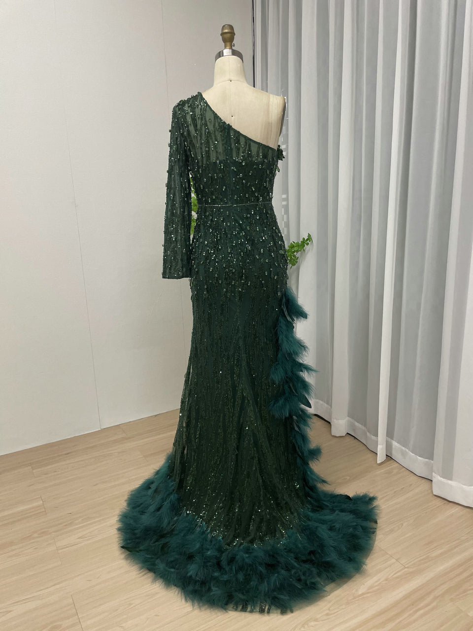 One Shoulder Couture Beading Feather Long Sleeve Evening Dress MY30014