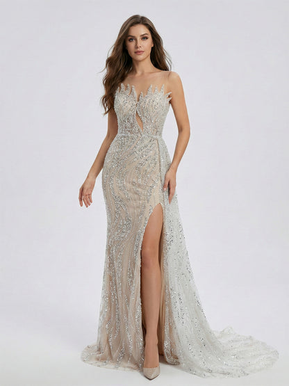 Glamorous Nude High Slit Dress Sparkle Evening Mermaid Gown MY30017