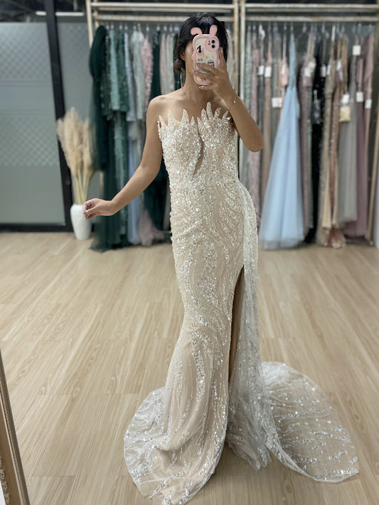 Glamorous Nude High Slit Dress Sparkle Evening Mermaid Gown MY30017