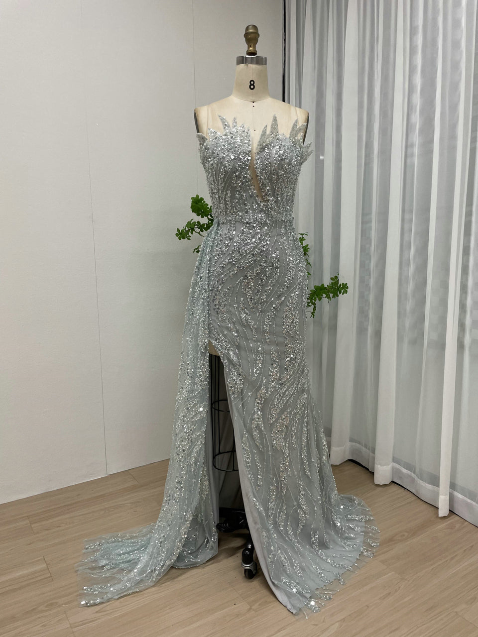 Glamorous Nude High Slit Dress Sparkle Evening Mermaid Gown MY30017