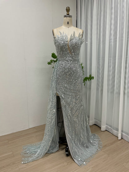 Glamorous Nude High Slit Dress Sparkle Evening Mermaid Gown MY30017