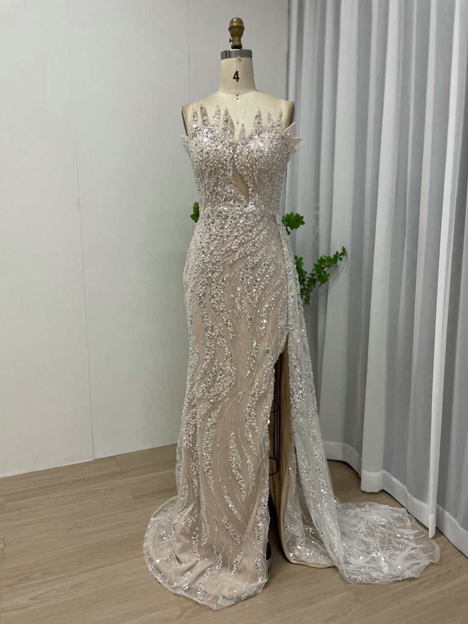 Glamorous Nude High Slit Dress Sparkle Evening Mermaid Gown MY30017