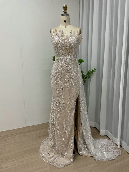 Glamorous Nude High Slit Dress Sparkle Evening Mermaid Gown MY30017