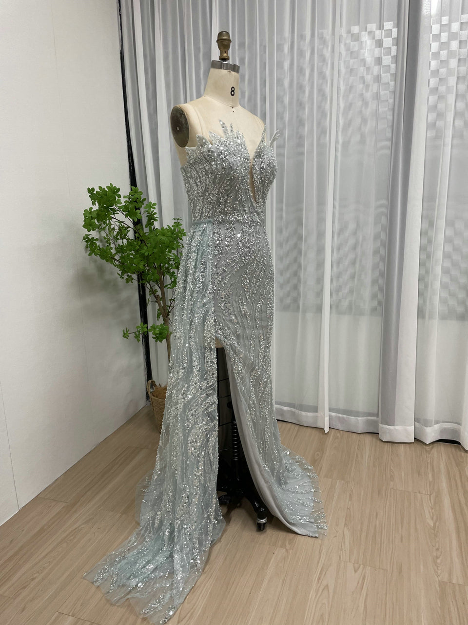 Glamorous Nude High Slit Dress Sparkle Evening Mermaid Gown MY30017