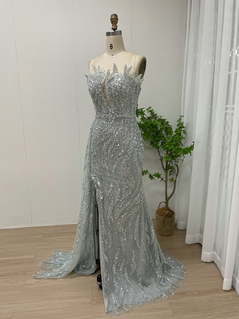 Glamorous Nude High Slit Dress Sparkle Evening Mermaid Gown MY30017