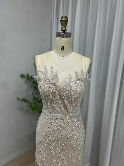 Glamorous Nude High Slit Dress Sparkle Evening Mermaid Gown MY30017