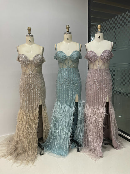 Off Shoulder Strap Handmade Beading Feather Dress MY30019