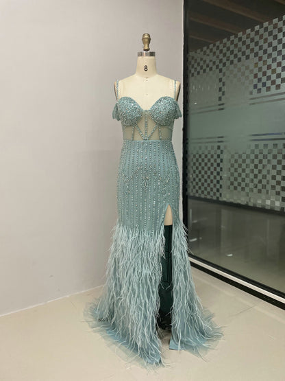 Off Shoulder Strap Handmade Beading Feather Dress MY30019