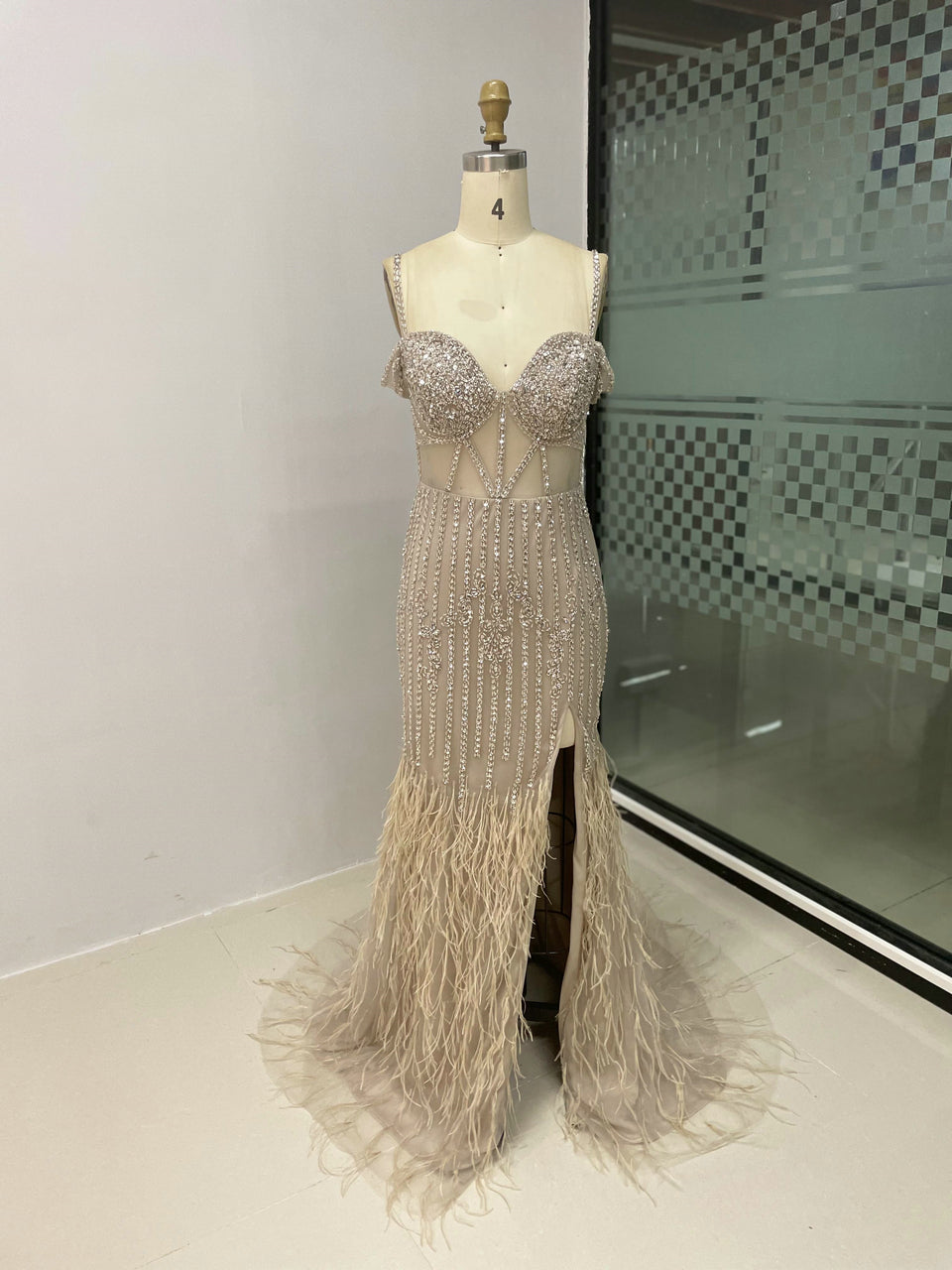 Off Shoulder Strap Handmade Beading Feather Dress MY30019