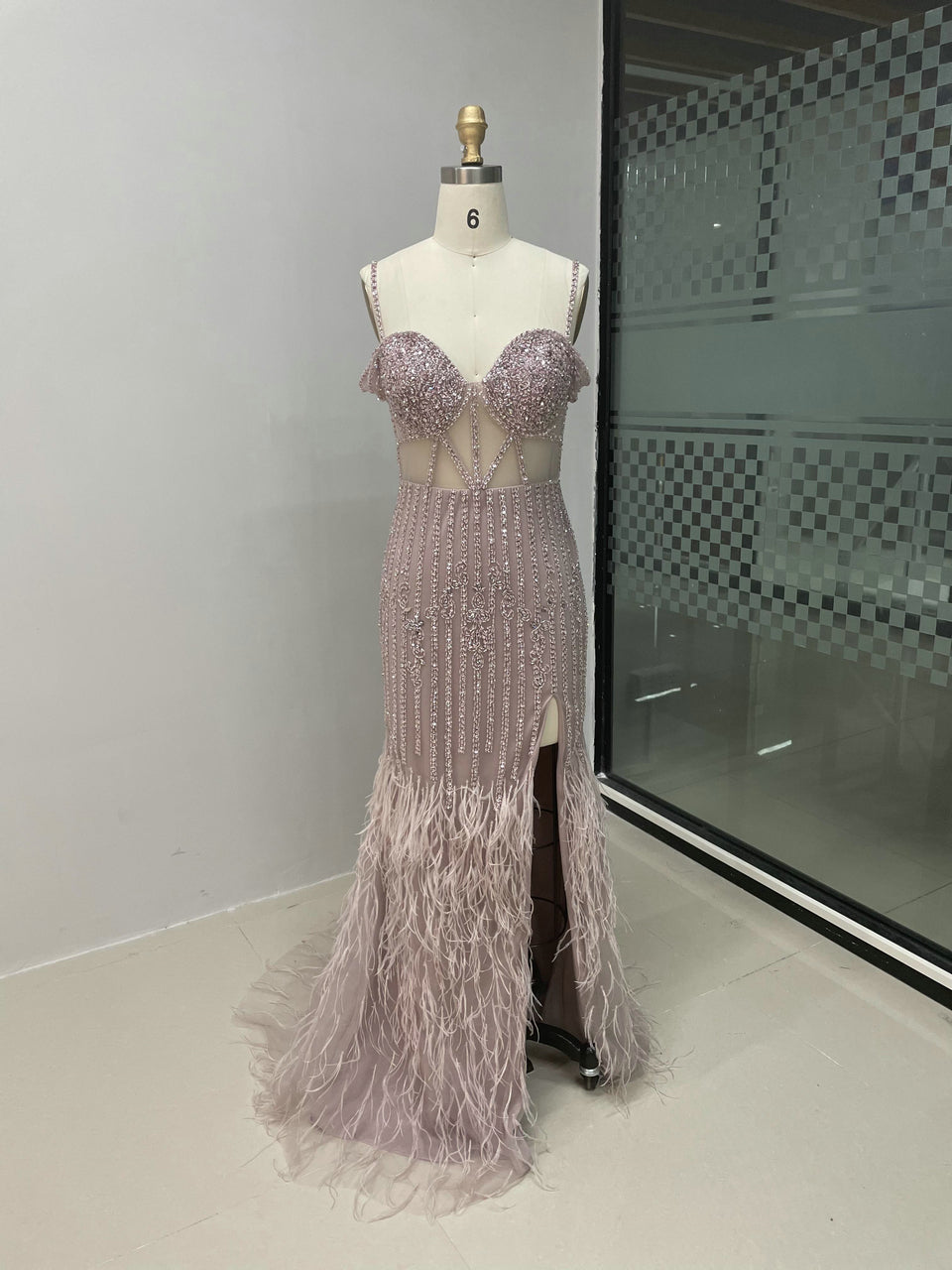 Off Shoulder Strap Handmade Beading Feather Dress MY30019