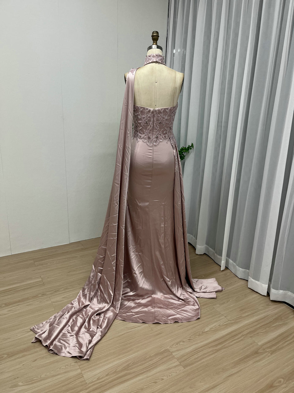 Halter Neck High Split Shoulder Cape Evening Dress MY30021