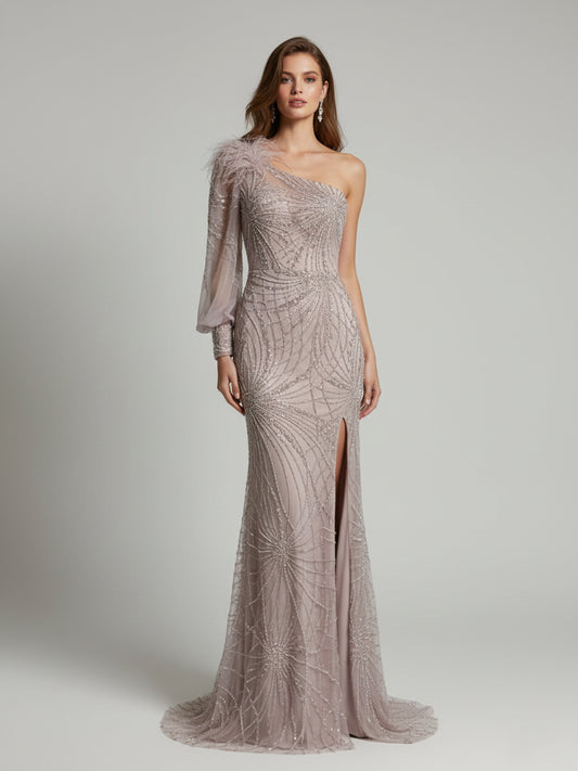 Luxury One Shoulder Formal Dress Glamorous Feather Beaed Mermaid Slit MY30026