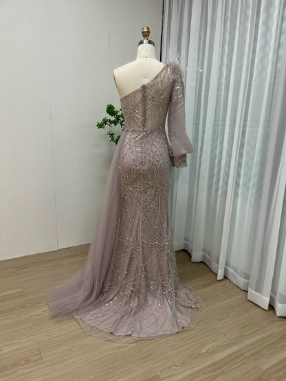 Luxury One Shoulder Formal Dress Glamorous Feather Beaed Mermaid Slit MY30026