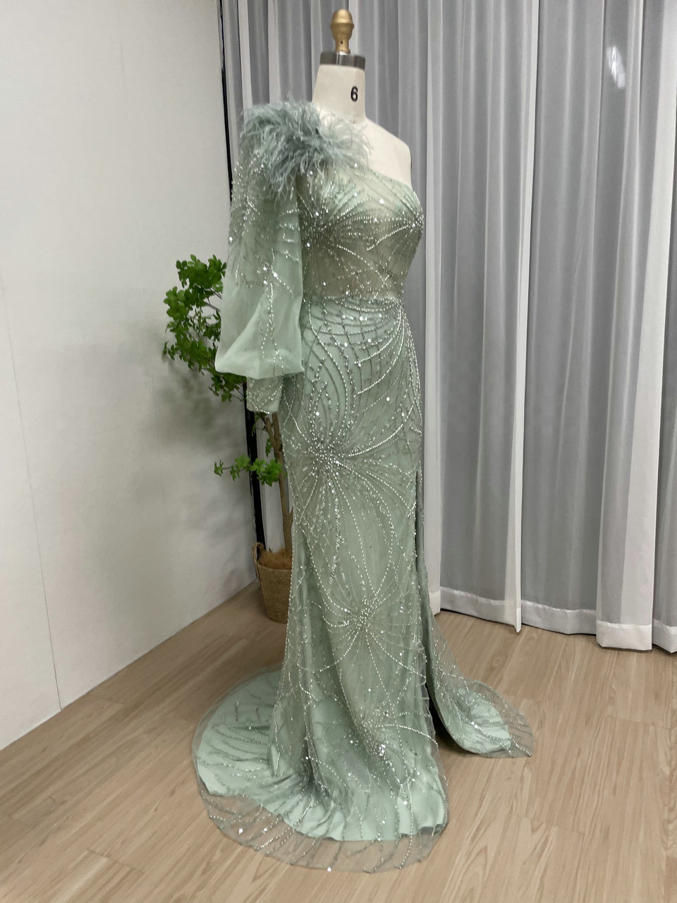 Luxury One Shoulder Formal Dress Glamorous Feather Beaed Mermaid Slit MY30026