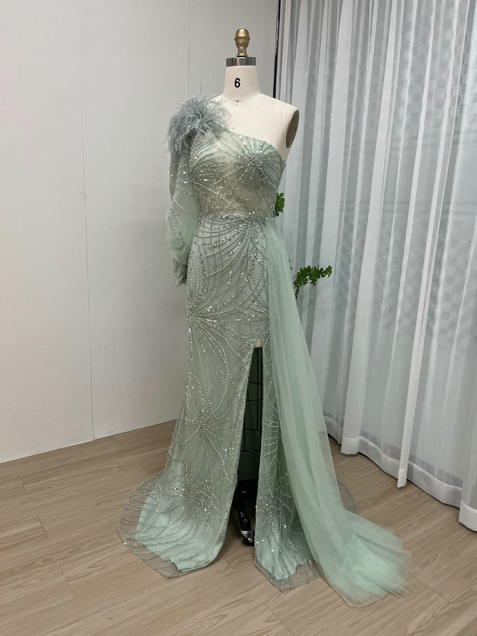 Luxury One Shoulder Formal Dress Glamorous Feather Beaed Mermaid Slit MY30026