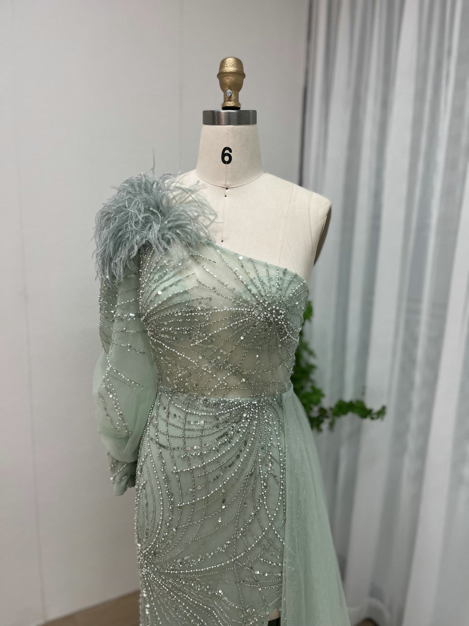 Luxury One Shoulder Formal Dress Glamorous Feather Beaed Mermaid Slit MY30026