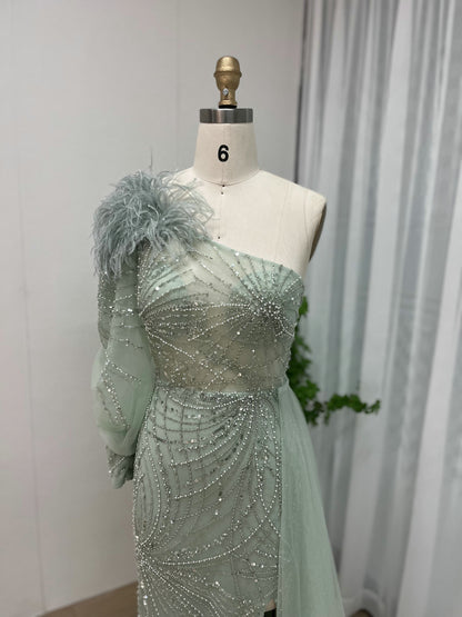 Luxury One Shoulder Formal Dress Glamorous Feather Beaed Mermaid Slit MY30026