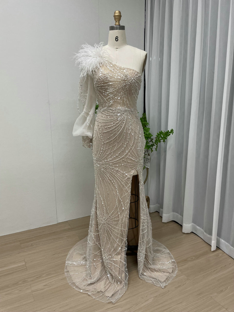Luxury One Shoulder Formal Dress Glamorous Feather Beaed Mermaid Slit MY30026