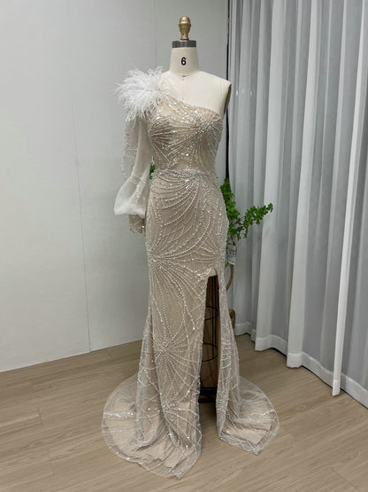 Luxury One Shoulder Formal Dress Glamorous Feather Beaed Mermaid Slit MY30026