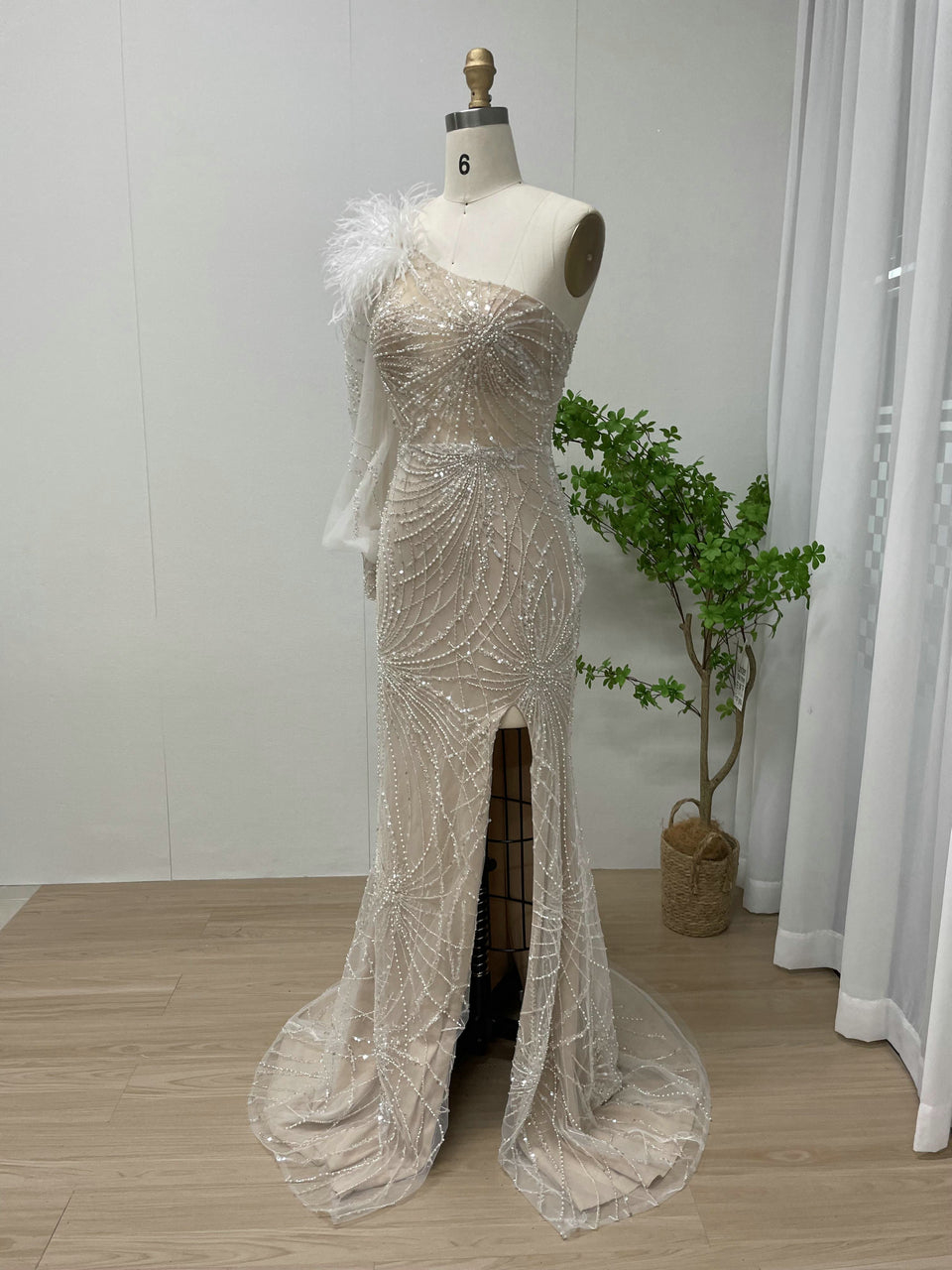 Luxury One Shoulder Formal Dress Glamorous Feather Beaed Mermaid Slit MY30026