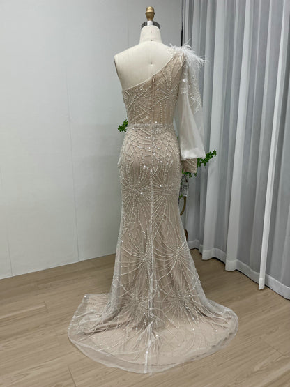 Luxury One Shoulder Formal Dress Glamorous Feather Beaed Mermaid Slit MY30026