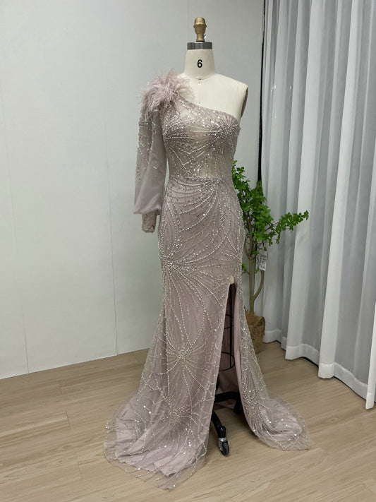 Luxury One Shoulder Formal Dress Glamorous Feather Beaed Mermaid Slit MY30026