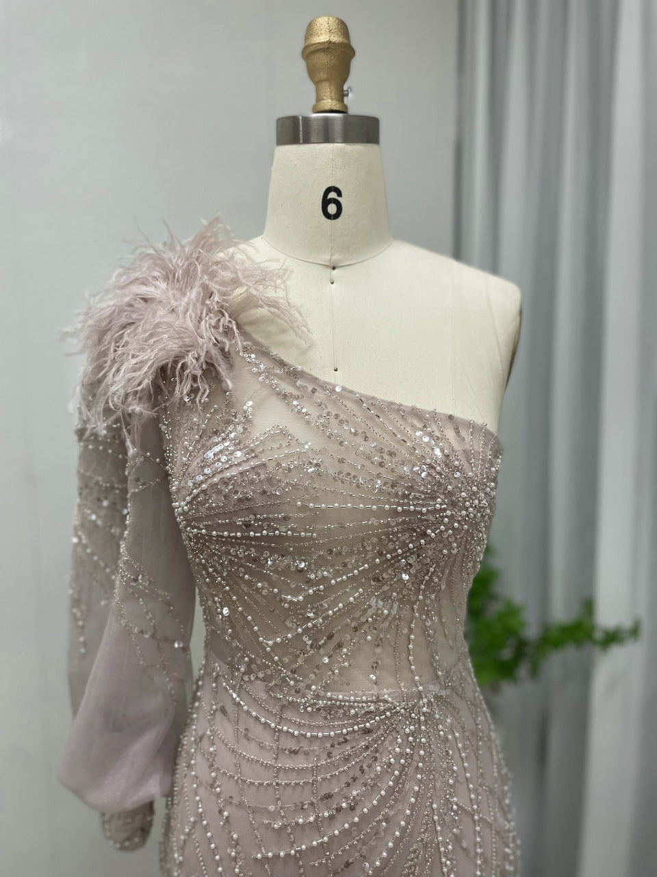 Luxury One Shoulder Formal Dress Glamorous Feather Beaed Mermaid Slit MY30026