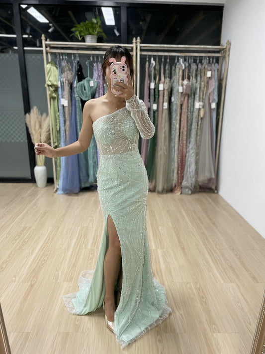 One Shoulder Beading Lace Split Long Evening Dress MY30027