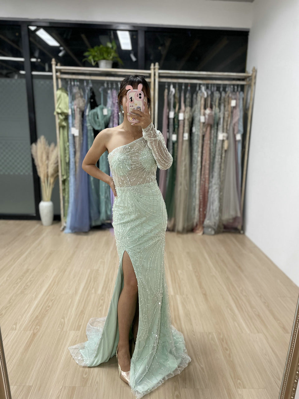 One Shoulder Beading Lace Split Long Evening Dress MY30027