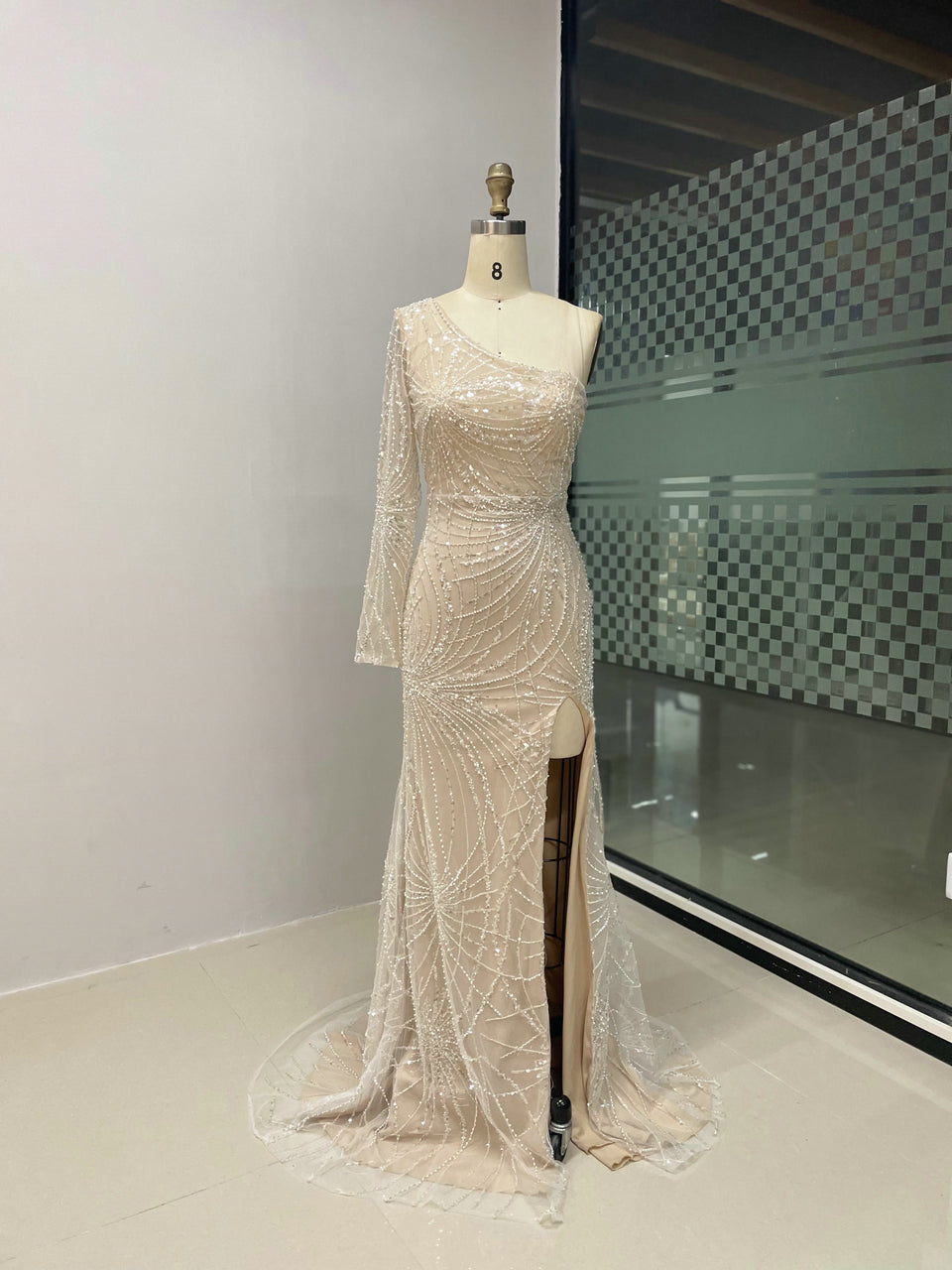 One Shoulder Beading Lace Split Long Evening Dress MY30027