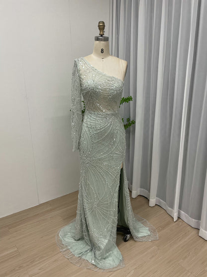 One Shoulder Beading Lace Split Long Evening Dress MY30027