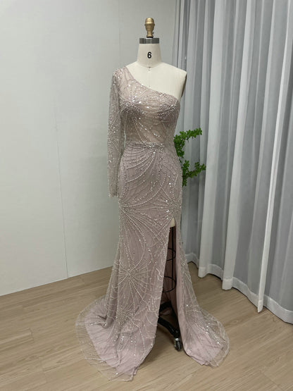 One Shoulder Beading Lace Split Long Evening Dress MY30027