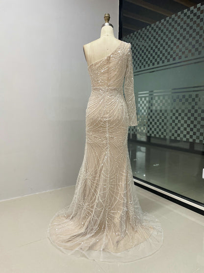 One Shoulder Beading Lace Split Long Evening Dress MY30027