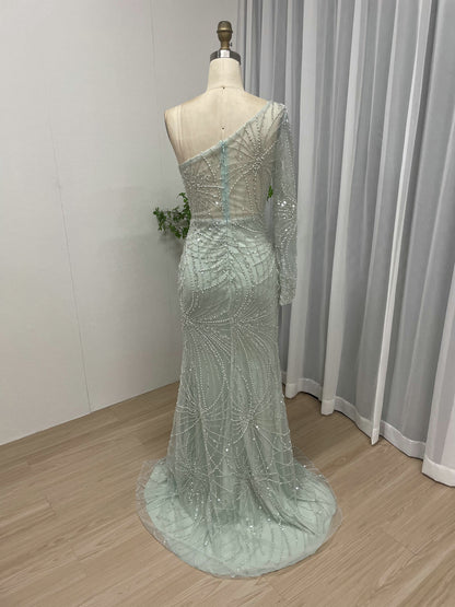 One Shoulder Beading Lace Split Long Evening Dress MY30027