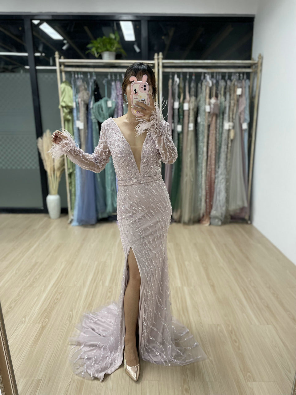 Luxury Handmade Beading Feather Long Sleeve Dress MY30031