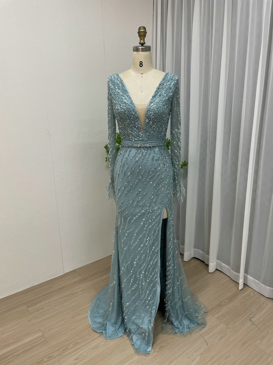 Luxury Handmade Beading Feather Long Sleeve Dress MY30031