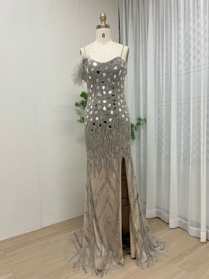 Glamorous Silver Sequin Prom Dress Side Slit Spaghetti Strap Formal Gown MY30034-2